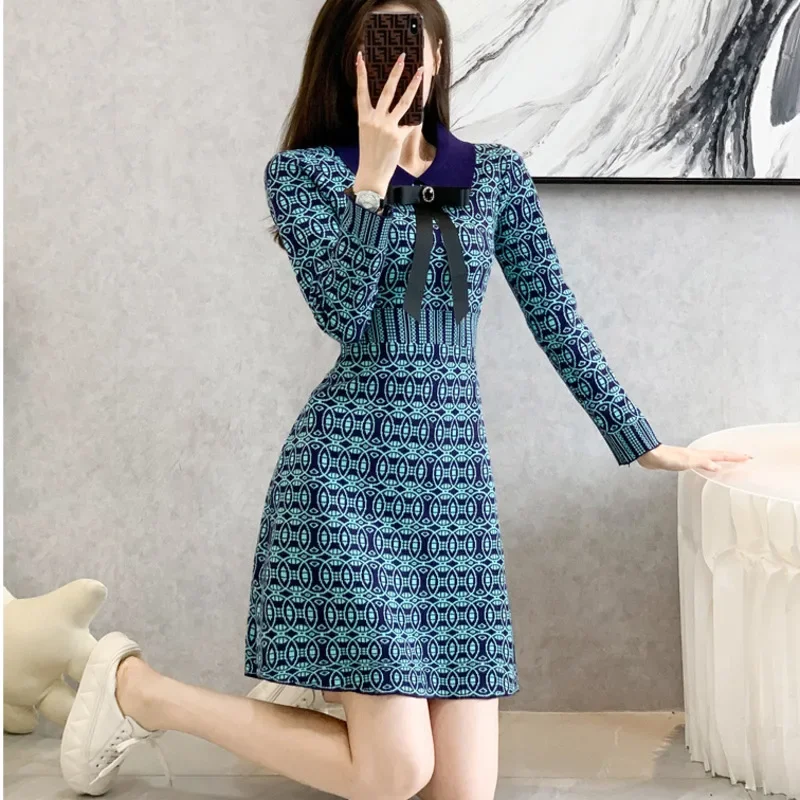 

Women's Vintage Knitted Office Dress, Long Sleeve, Printed Sweater, Sexy, Elegant, Slim Fit, Mini, Spring, Autumn