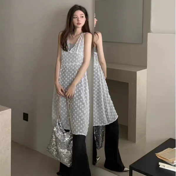 V-Neck Flocking Vest Dress Spring Summer Sleeveless Loose Covering Women Slimming Semi-Transparent Overhead Skirt