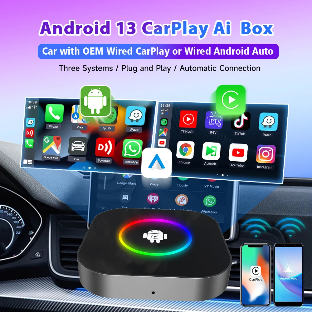 Custom Logo Carlinkit Ai Tv Box Auto Wireless Youtub Carplay Adapter 8G 128Gb 64Gb Stereos Wifi Android 13 Car Play Dongle
