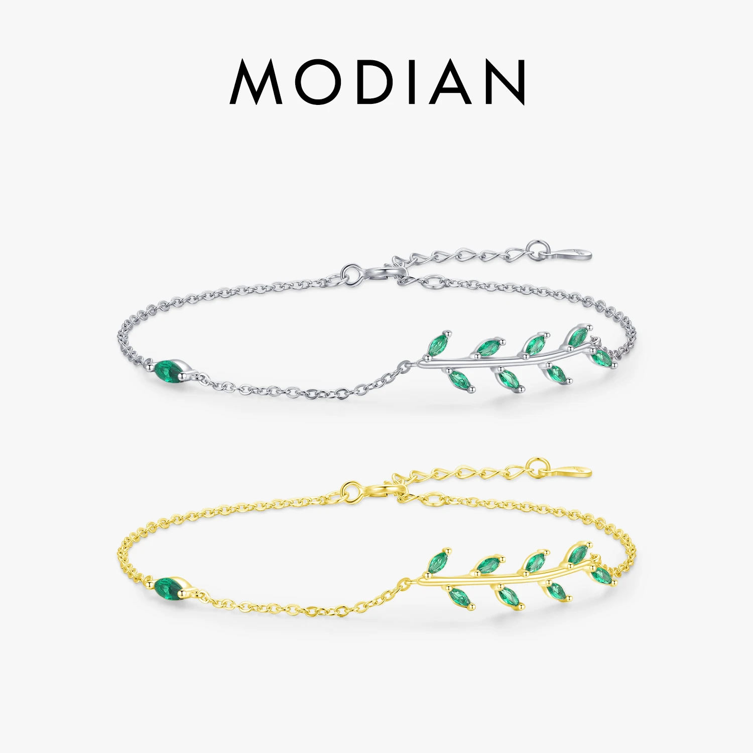 

MODIAN 925 Sterling Silver Green Leaf Zirconia Adjustable Link Chain Bracelet For Women Fashion Wedding Jewelry Accessories
