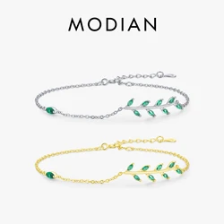 MODIAN 925 Sterling Silver Green Leaf Zirconia Adjustable Link Chain Bracelet For Women Fashion Wedding Jewelry Accessories
