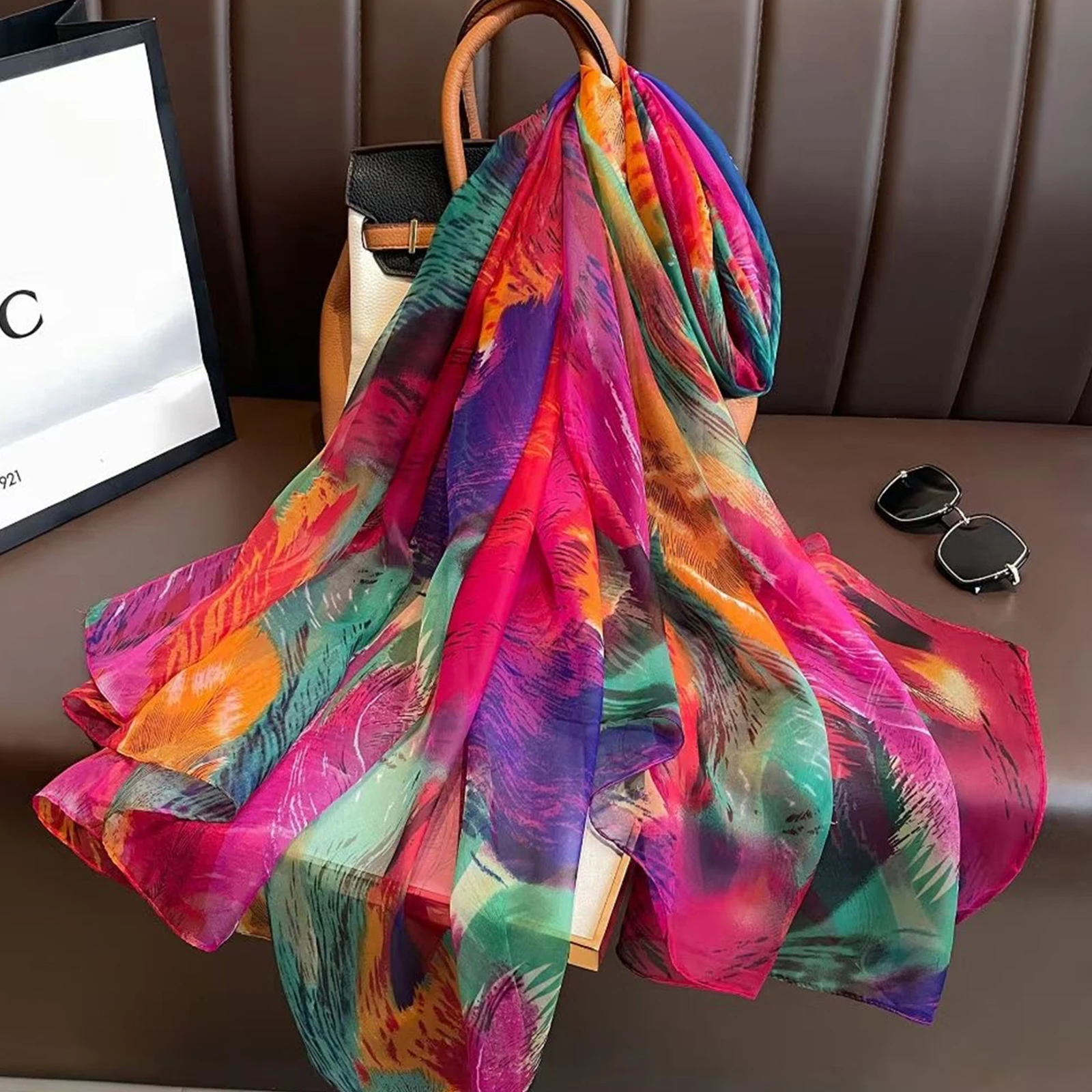 Fashion Satin Finish Sunscreen Scarves Female 185X135CM Style Beach Towel Popular Print Silk Shawl Luxury Dustproof Big Bandanna