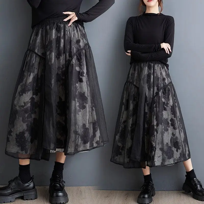 

Large Size Clothing 2024 Summer And Autumn New Mesh Dyed Printed Patchwork Skirt Fashionable Versatile Retro Elegant Skirt K2472