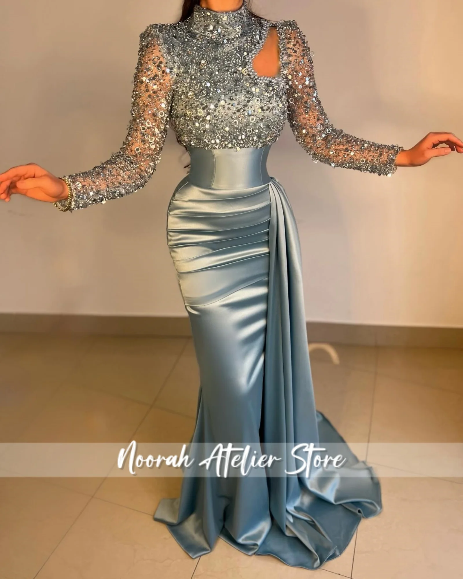 فساتين سهرة نسائية فاخرة بحورية البحر بأكمام طويلة لامعة باللون الأزرق H N 2025 دبي أنيقة طويلة للحفلات ذيل Vestidso مخصص