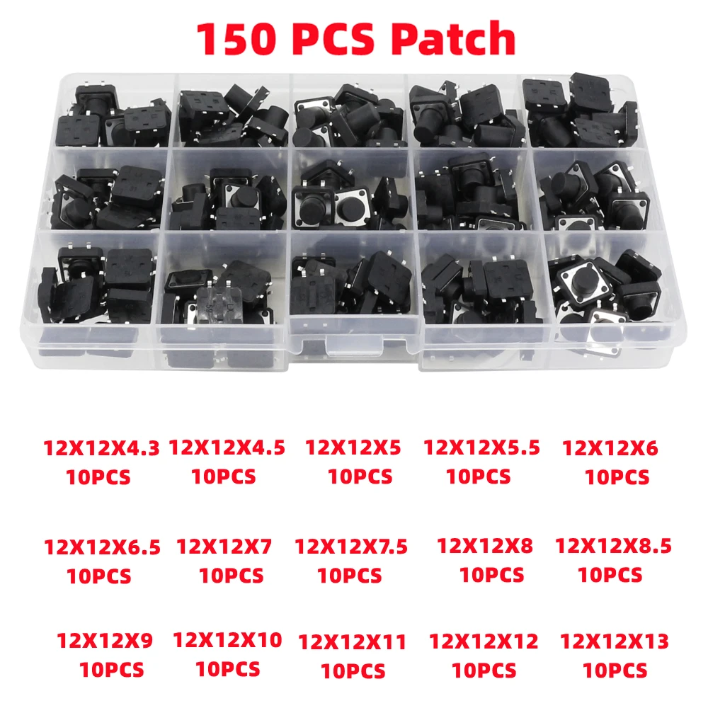 150 PCS 15 Models 12*12 Tact Switch Tactile Push Button Switch Kit Height: 4.3 5~13MM DIP 4P Micro Switch 12x12 Key Switch