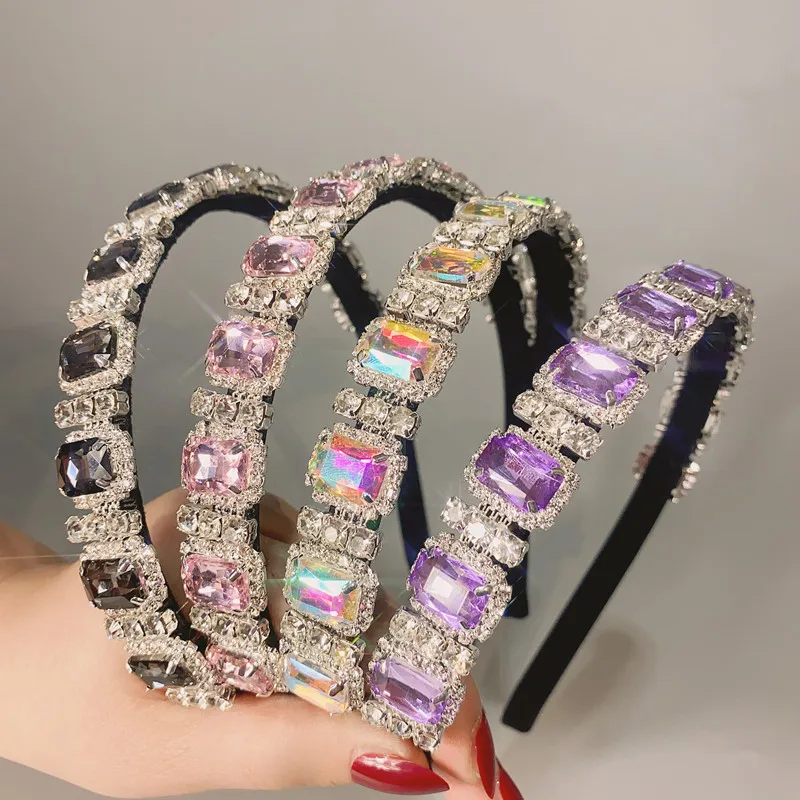 FYUAN Korean Style Geometric Rhinestone Hairbands for Women Square Purple Pink Crystal Headwear Wedding Hair Accessories Jewelry