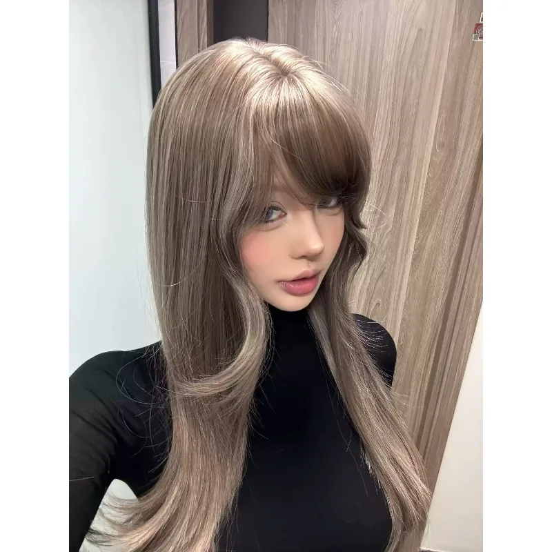 70cm High Layer Straight Synthetic Wig Ash Tea Color with Versatile Bangs Heat Resistant Hair Wig for Daily Party Occasions