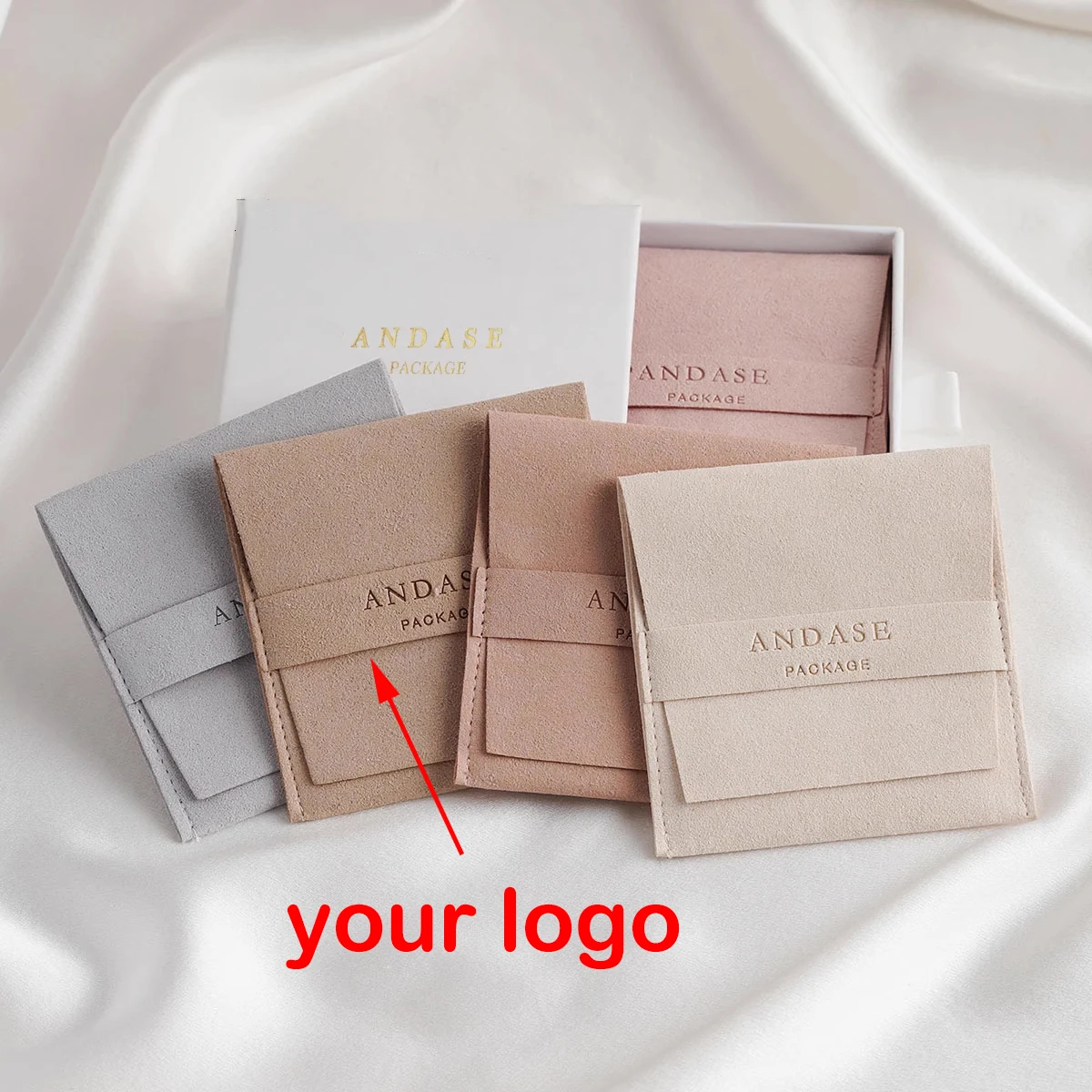 Custom Logo Jewelry Pouches Beige Gift Bag Pouch Microfiber Ring Necklace Bags Business Name Print Jewellery Packaging