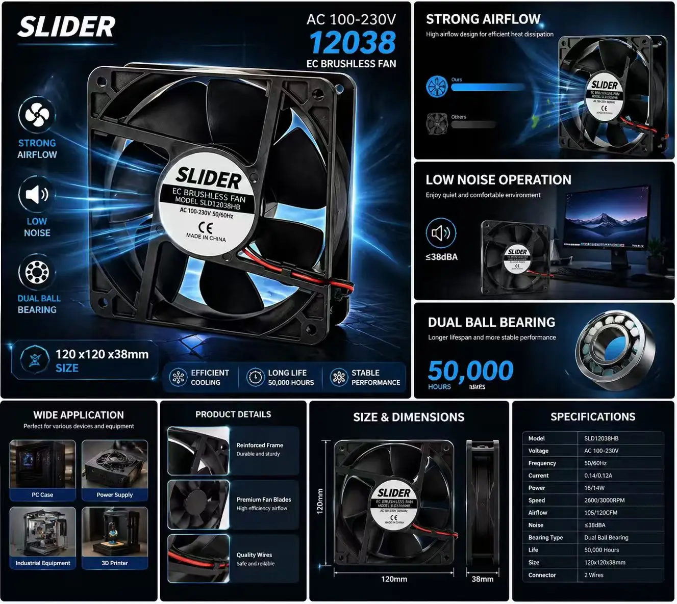 

SLIDER 12038 EC Fan AC 110V 220V 120x120x38mm Dual Ball Bearing High Airflow Industrial Cabinet Server Cooling Cooler