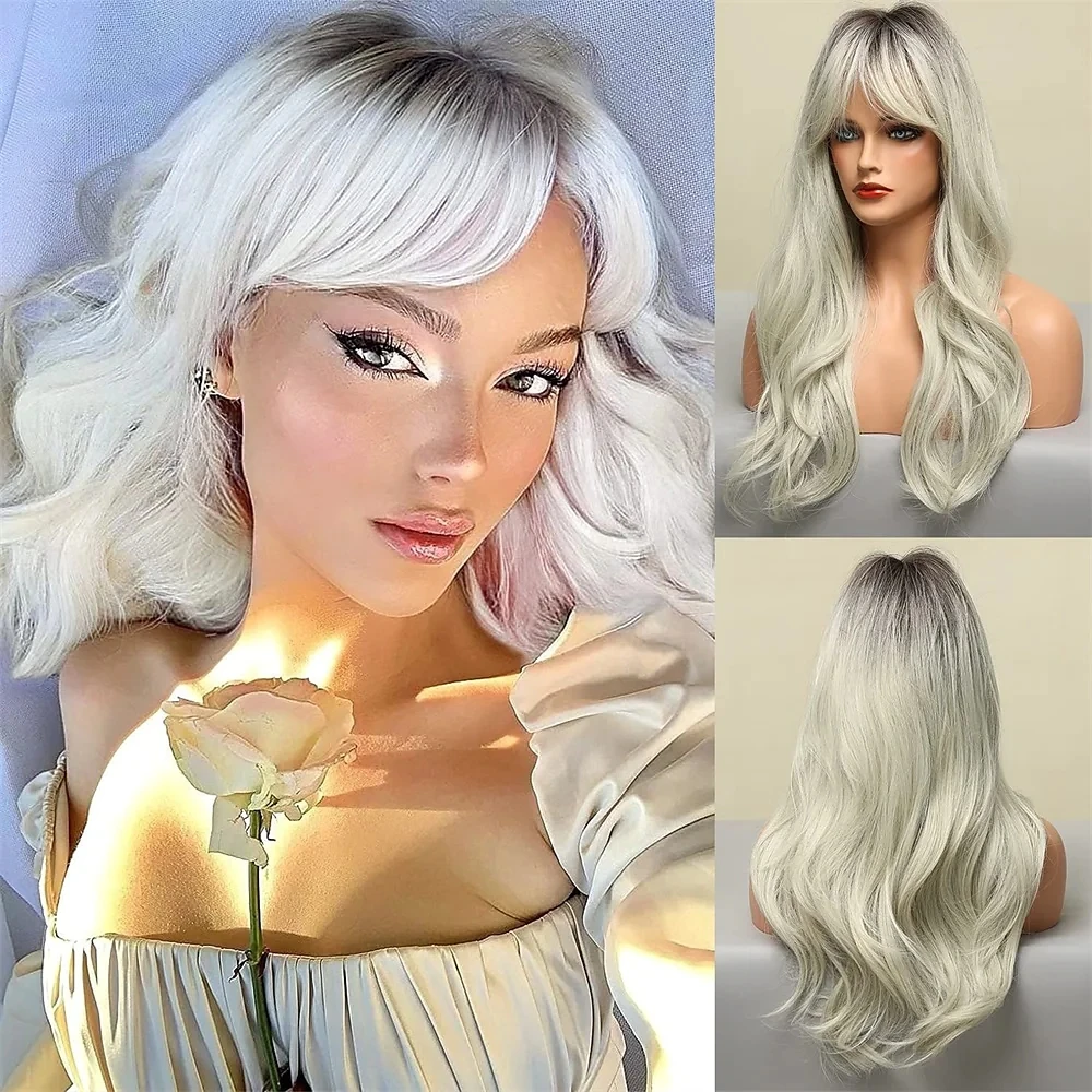 

Dark Blonde Costume Wig with Bangs Long Straight Wavy Blond Wigs for White Women Ombre Blonde Synthetic Heat Resistant Hair Wigs