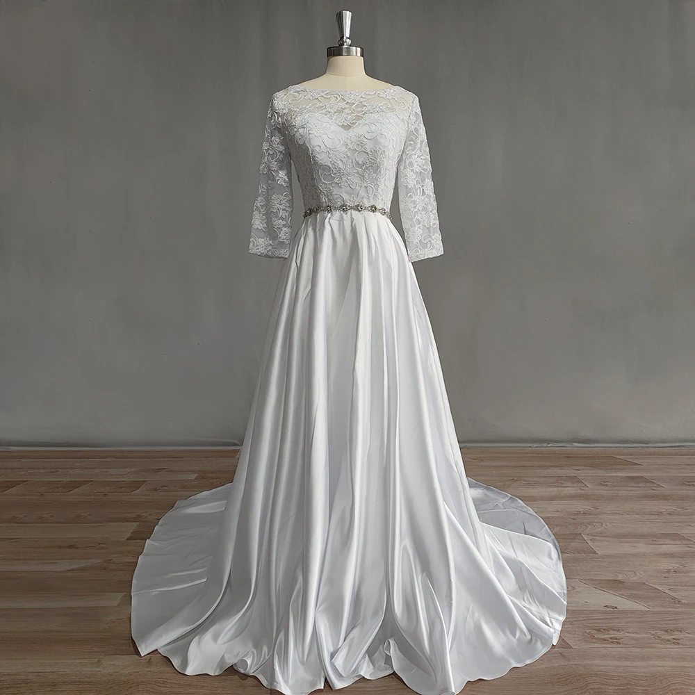 Robe de mariée élégante en Satin, col rond, manches longues, ceinture en cristal, en dentelle, boutons, traine