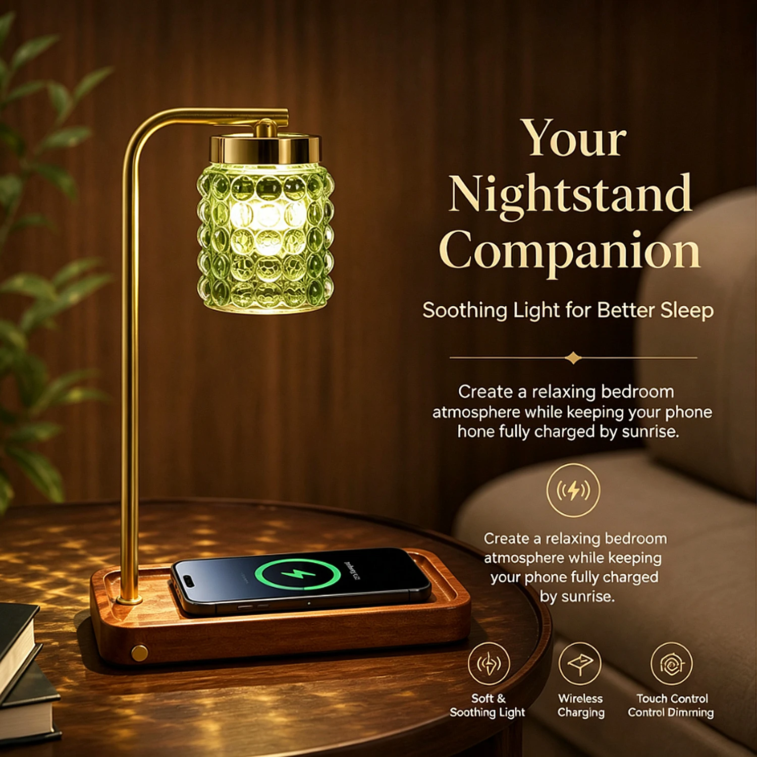 Vintage Glass Table Lamp with 15W Wireless Charger Touch Control Desk Lamp 3 Color Temperatures LED Nightstand Lamp for Bedroom