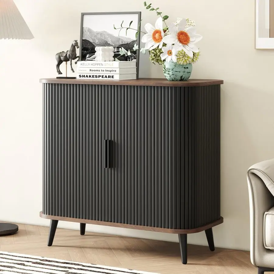 Cabinet with Sliding Doors Black Sideboard Buffet Cabinet with Storage for Coffee Bar, Console Table MCM Design Bar Cabinets for