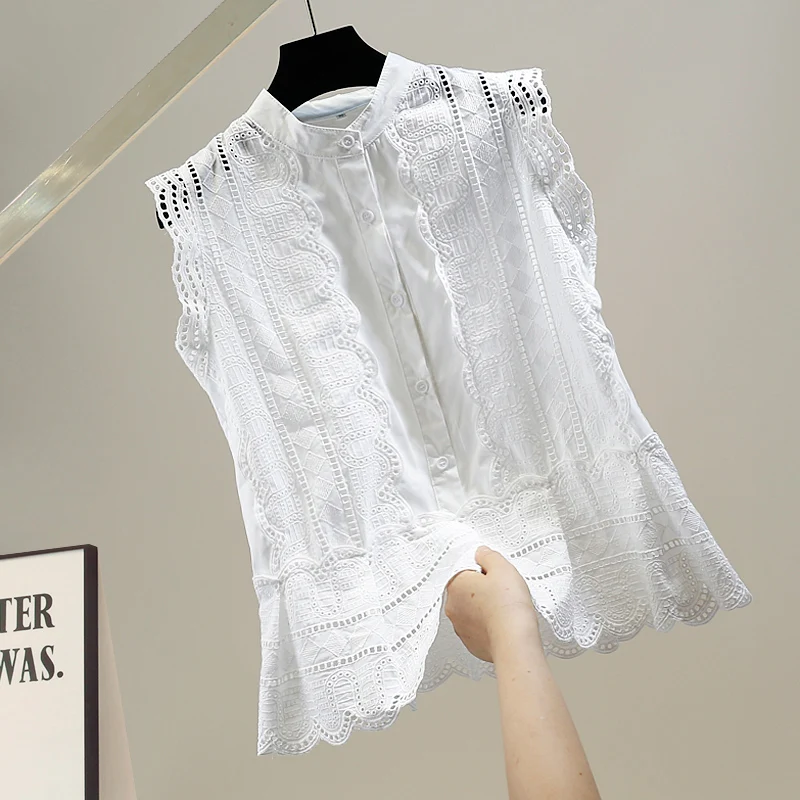 

Ele Hollow out Pure Color Embroidery Cotton Svel irt Faion Design Slimming Top Heavy Work Single Button Crew Ne