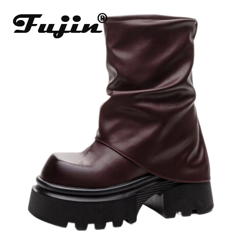 Fujin 12cm Cow Genuine Leather Boots Slip on Women Autumn Motorcycle Spring Ankle Booties Chimney Shoes Ladies Fashion Moccasins