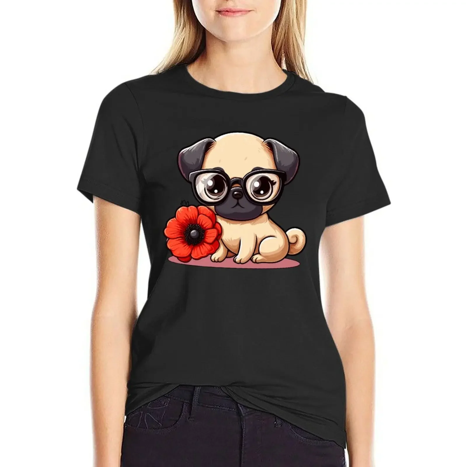 

Cute Pug puppy in cartoon with glasses and flowers 2 T-shirt funny tees plain t shirts for Women