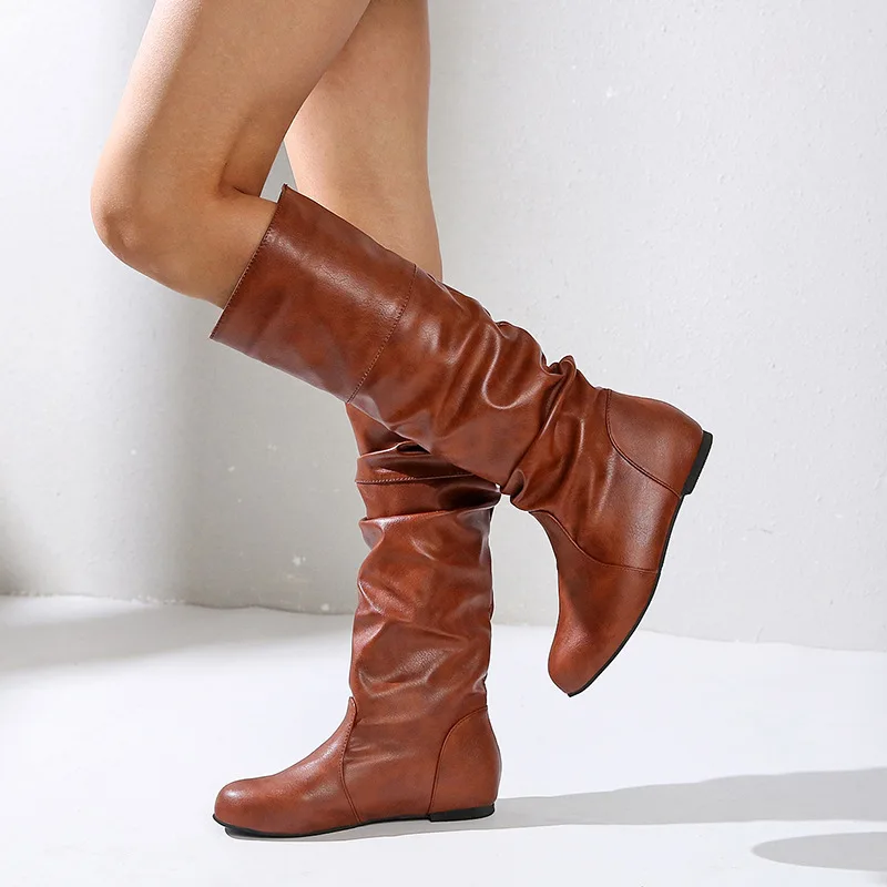 

Women's Knee High Boots High Quality Leather Boot Pleated Design Women Boots Casual Western Cowboy Boot Knight Boots Botas Mujer