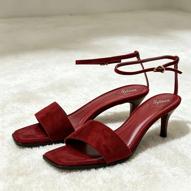 Sexy Open Toe Heeled Sandals Women Suede Square Toe Ankle Strap Elegant Heels Summer Comfortable Designer Dress Shoes for Ladies