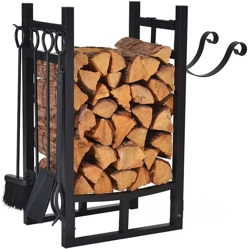 American Black Wrought Iron Floor Standing Firewood Rack Multi Layer Log Storage Fireplace Tool Decor Display Stand Home