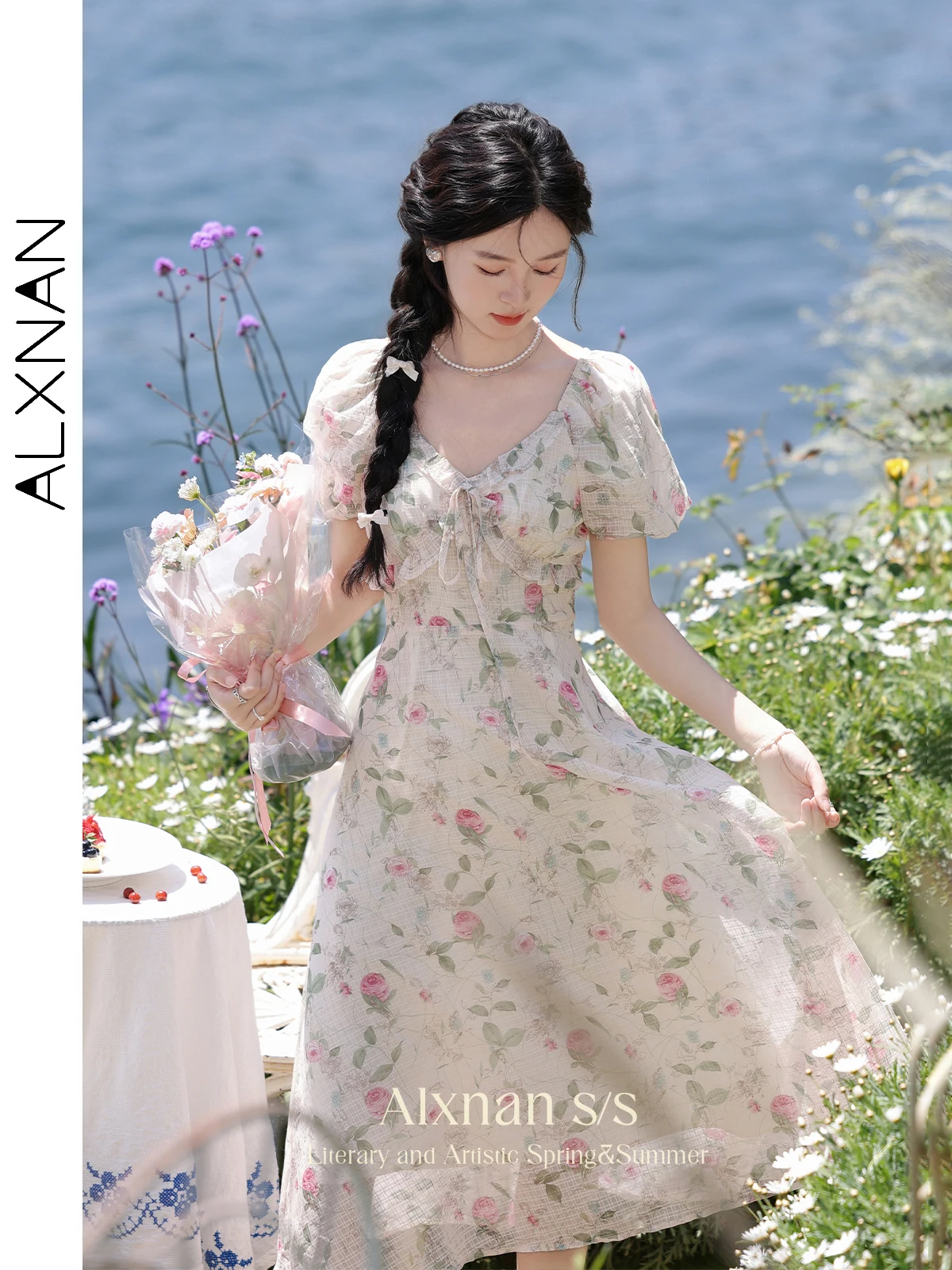 

ALXNAN V-neck Floral Short Sleeve Dress Women 2024 New Summer Print A-line Midi Elegant Lace-up Dresses Female Clothing L36713