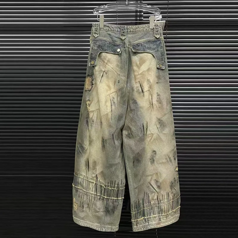 ANJY 가을 새로운 여성 아메리칸 레트로 streetwear 세련된 디스트레스드 청바지 캐주얼 트렌디 오리지널 비대칭 자수 바지 a7161