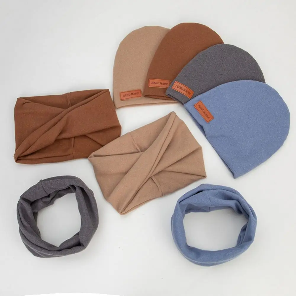2Pcs/Lot Outdoor Faux Cashmere Turban Hat Scarf Set Double Layers Soft Bonnets Leather Stick Warm Newborn Caps Wear