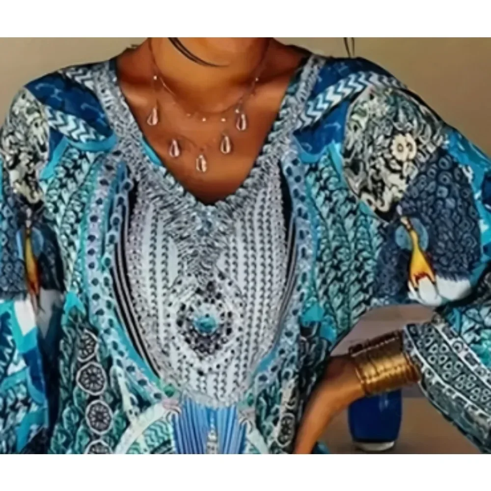 Sukienka damska plus size 1XL-5XL, długa, z długim rękawem, w etniczne wzory, jesienna, codzienna, z dekoltem w serek, idealna na imprezę.