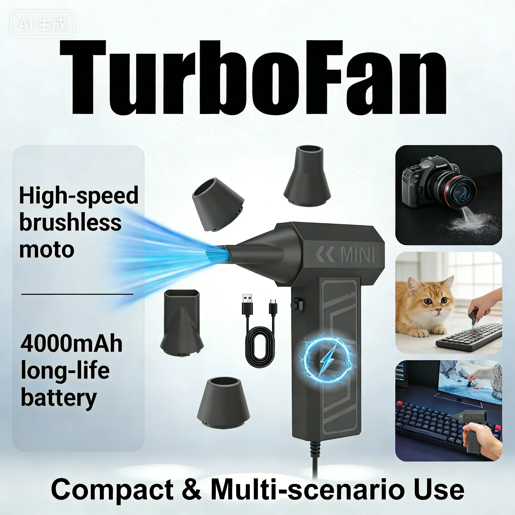 

High-Speed Brushless TurboFan 4000mAh Rechargeable Mini Air Duster with 5 Nozzles for Multi-Scenario Use