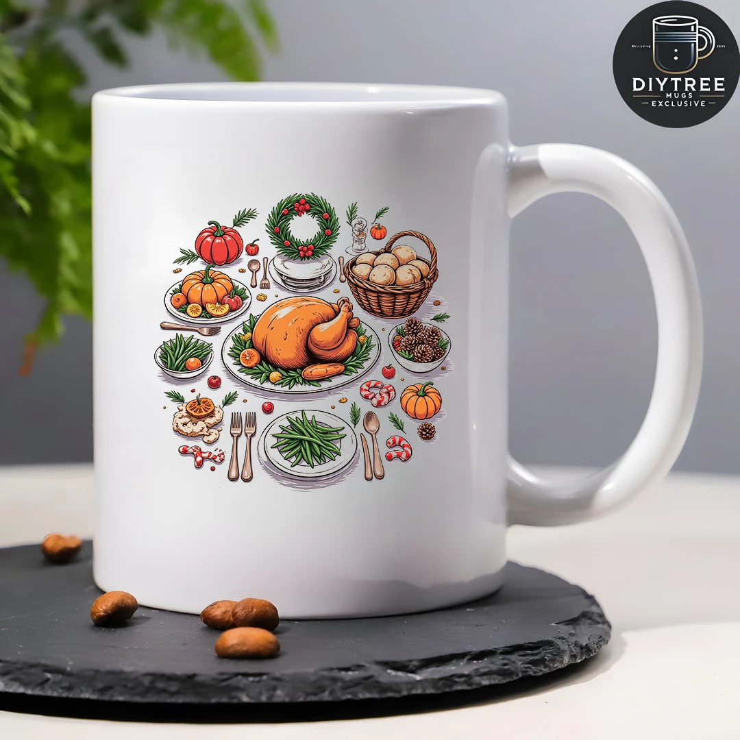 Taza de mesa navideña estilo dibujos animados, regalo de Navidad de 11OZ, taza de agua para oficina familiar, juego de vajilla decorada con calabaza y pollo asado
