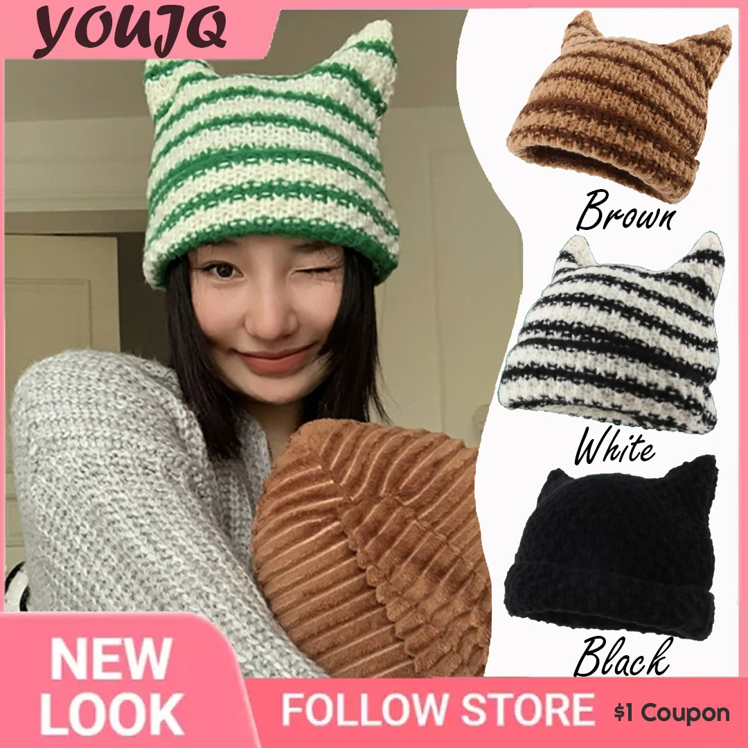 Gorro japonés Y2K para mujer, gorro de punto a rayas con orejas de gato, Jersey puntiagudo, Otoño e Invierno