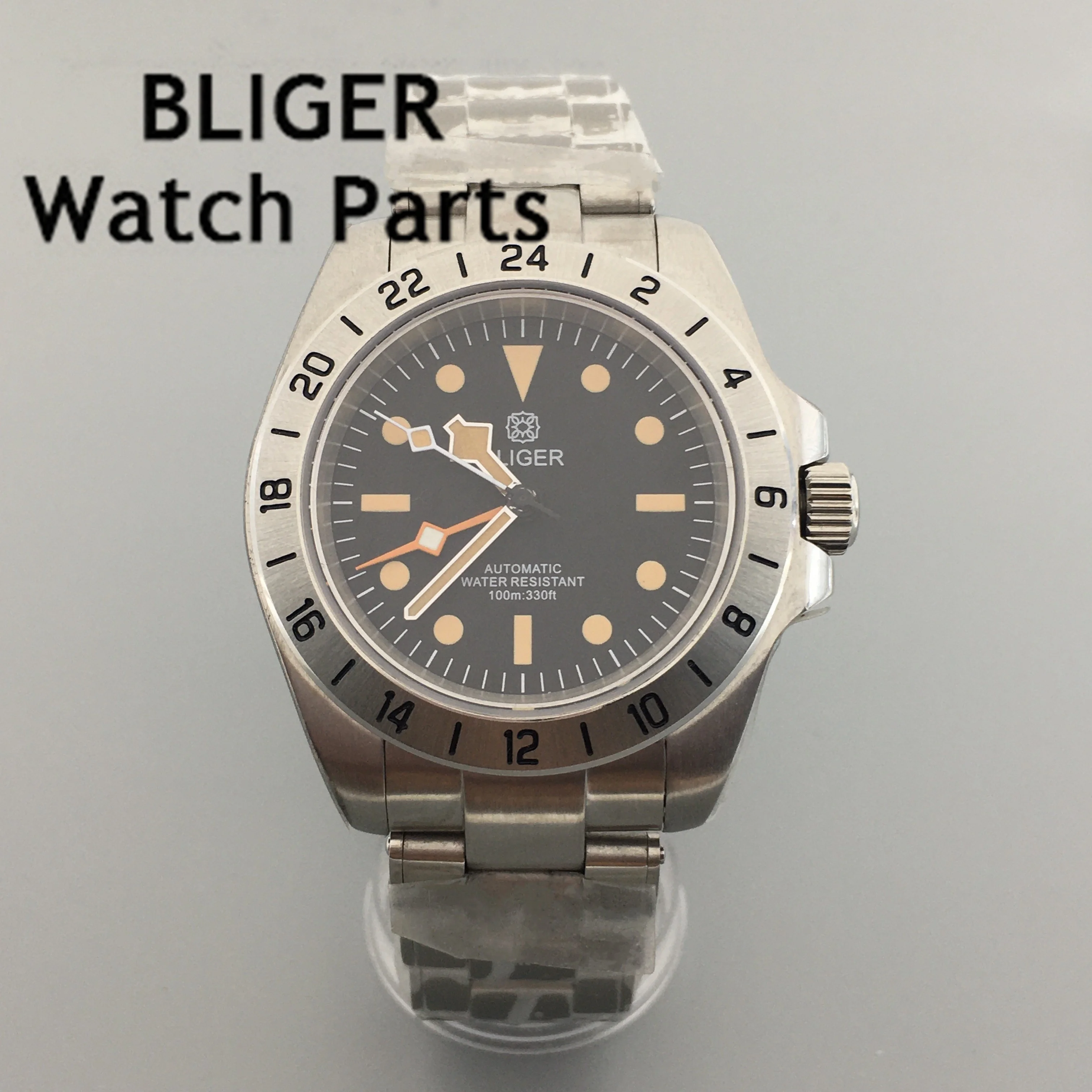 BLIGER 40mm NH34 GMT Automatic Movement Mens Watch NH34A Luminous Black  White Dial Alloy Insert Oyster Strap Glide Lock