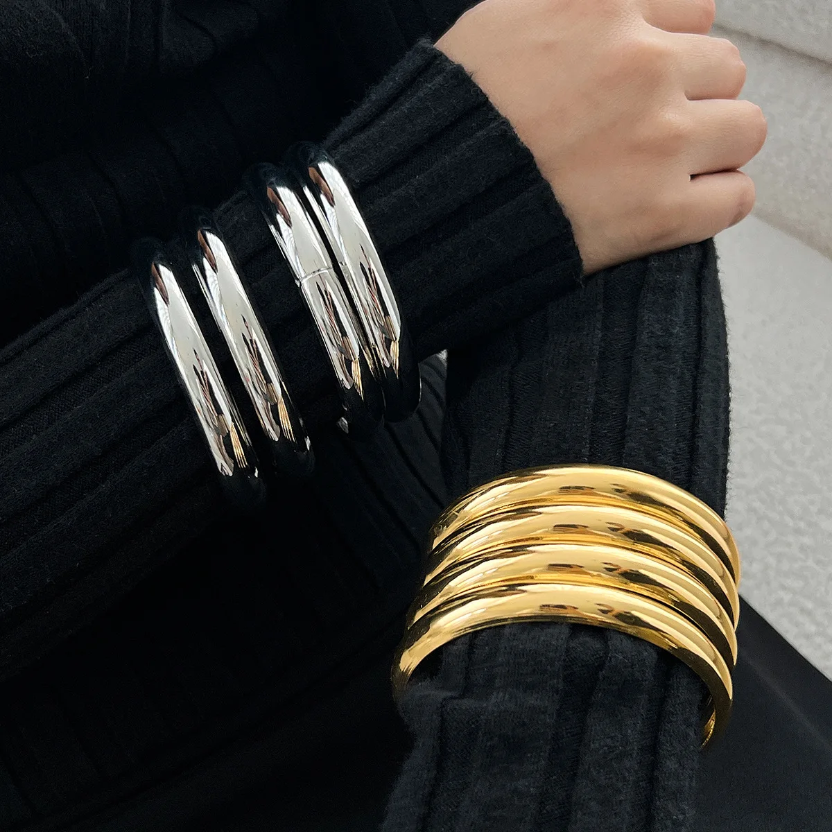 Exaggerated Punk Irregular Wide Cuff Bangle Set for Women Vintage Gold Color Chunky Metal Bracelets Men Hand Jewelry Gift