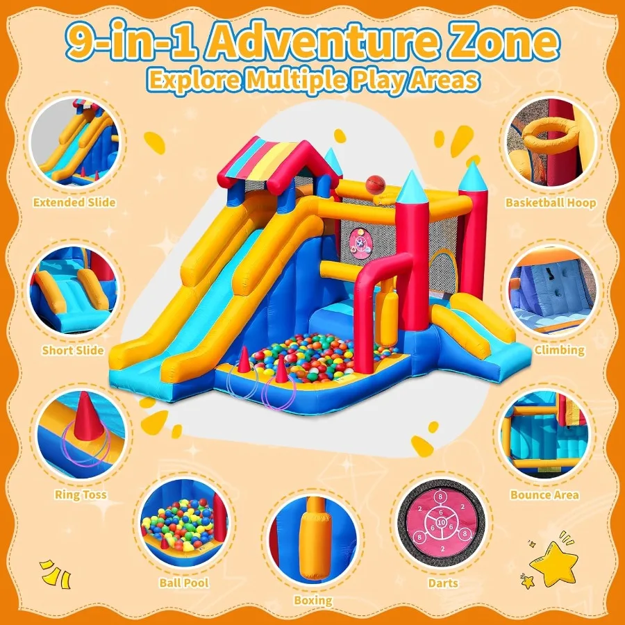 บ้านลมสำหรับเด็กอายุ 3-10 ปี, 9 in 1 บ้านลมขนาดใหญ่สำหรับเด็กเล็ก เล่นกลางแจ้งในสนามหลังบ้าน บ้านลมกระโดด 11.38x10.2 ฟุต
