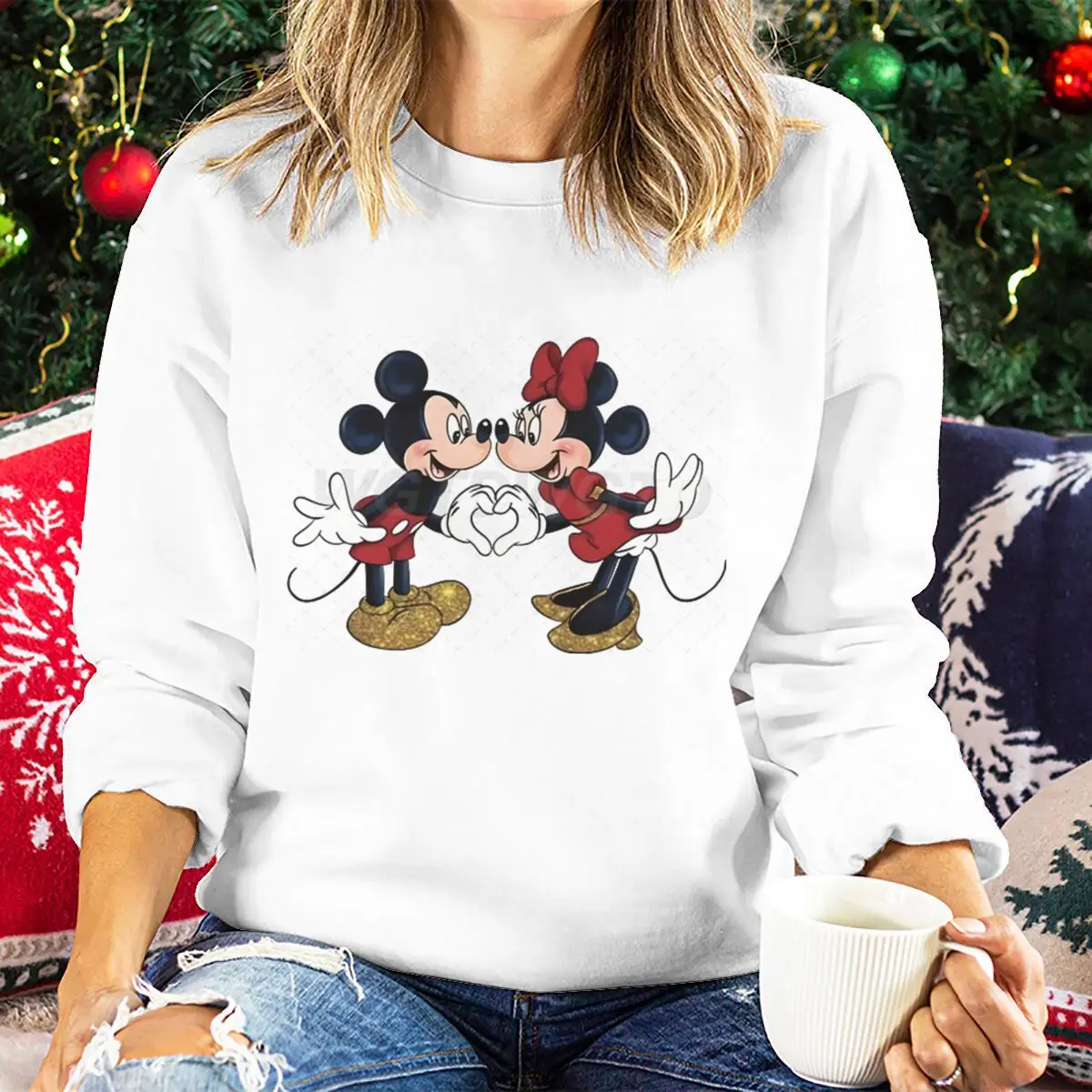 المرأة طاقم الرقبة طويلة الأكمام سترة ميكي ميني ماوس القلب الحب طباعة بلوزات الفتيات عيد الحب الكرتون بلايز عادية