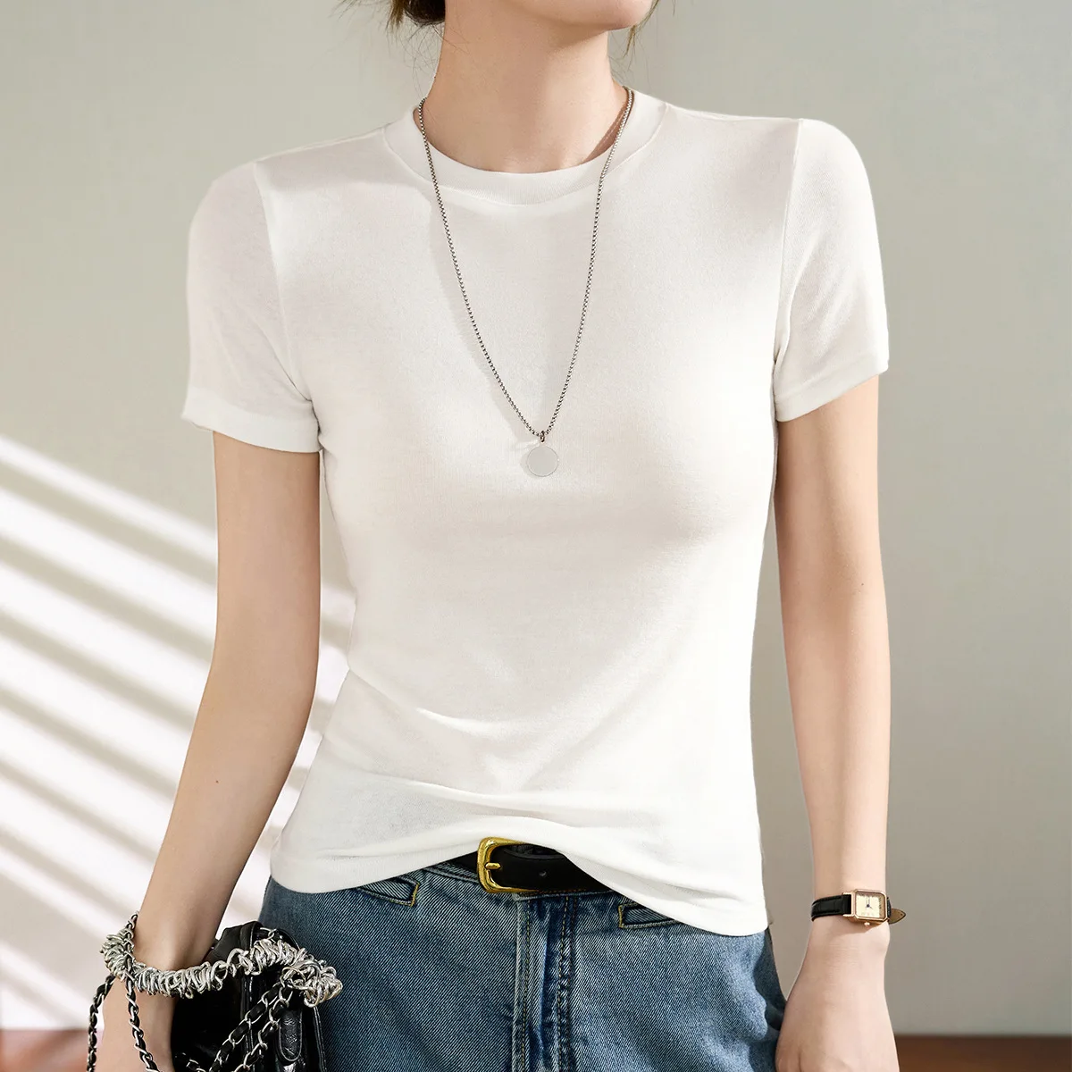 Wool Tens Laisel Round Neck Shoulder T-shirt for Women High Quality Summer New Slim and Gentle Atmosphere Top