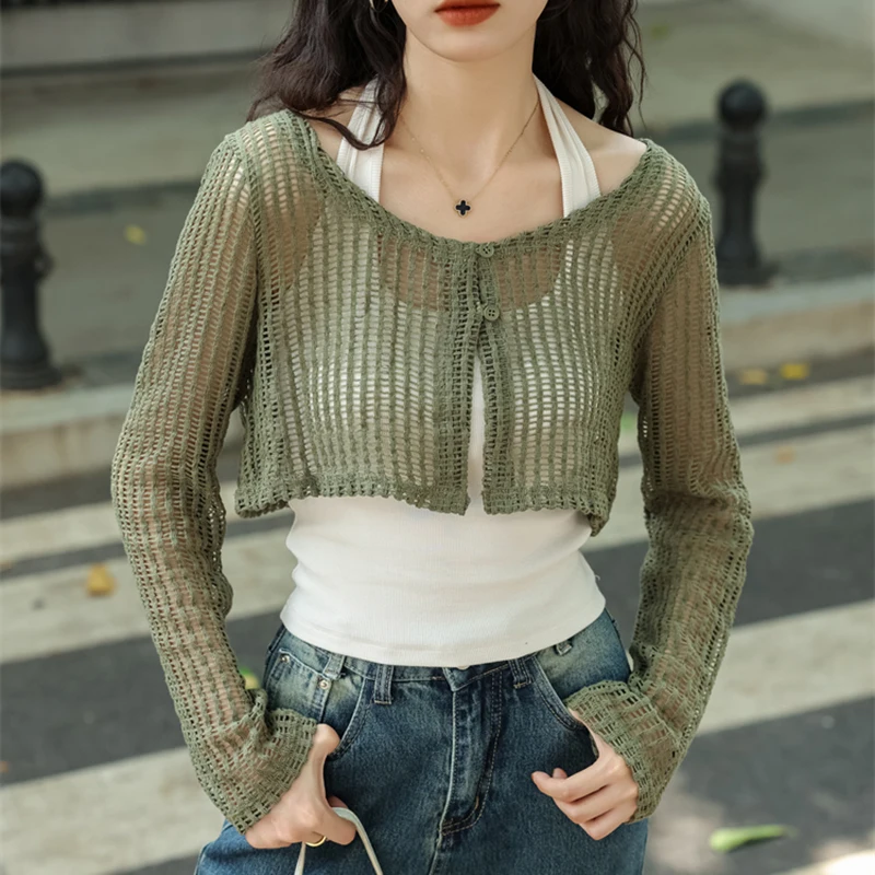 

Ажурный вязаный укороченный кардиган для женщин с длинными рукавами и отлиняющимися пуговицами спереди, прозрачная сетчатая куртка в сеточку для девочек-подростков, одежда Y2K