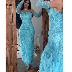 OIMG Blue Shiny Sequins Long Sleeves Formal Party Dresses Feather Spakrly Dubai Evening Gowns Night Club Dress Robe de soiree