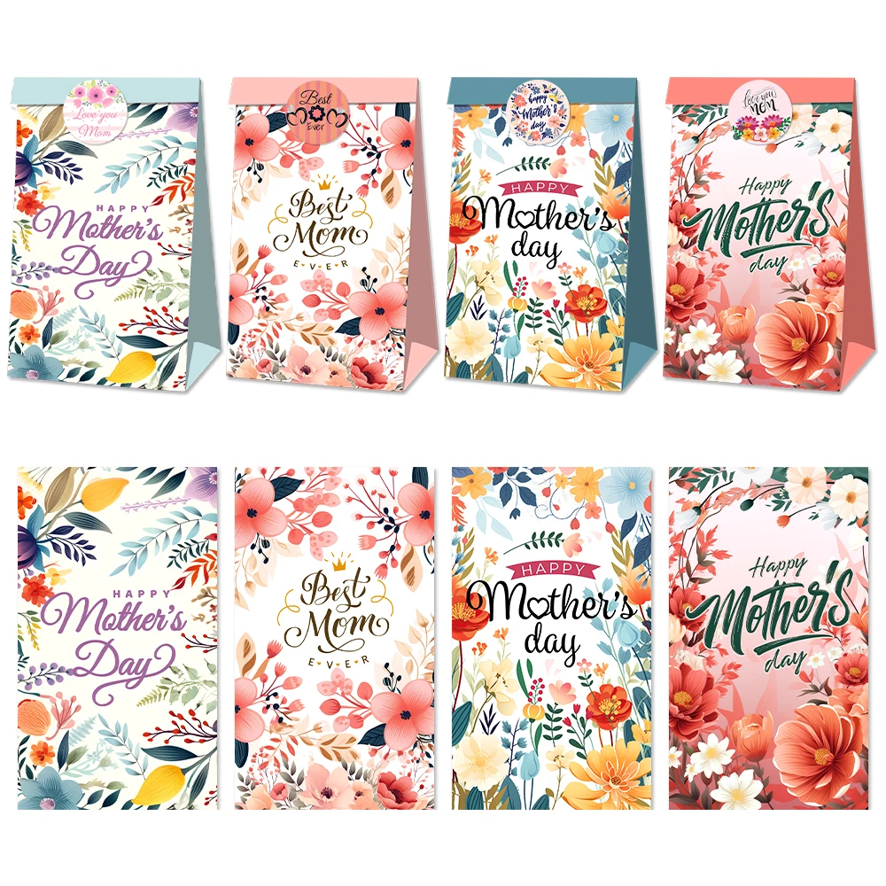 

12pcs Mother's Day Gift Bag Floral Print Gift Packaging Bag With Round Lebals Stickers Mother Birthday Party Gift Bag Cookie Bag