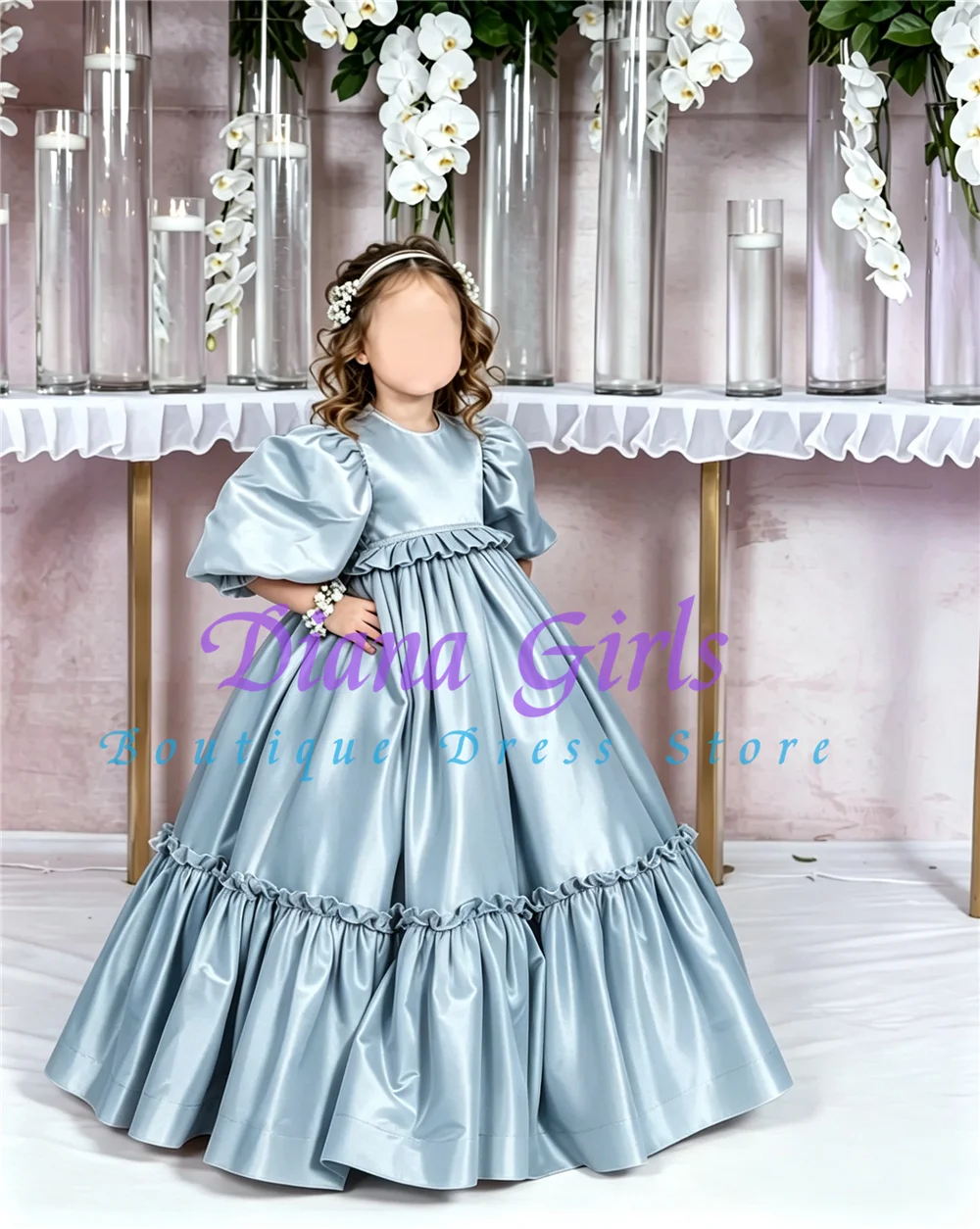 Elegant Baptism Puff Sleeves Quality Satin Flower Girl Dress for Girls Wedding with Ankle-Length First Communion Evening Gowns