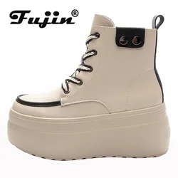 Fujin 8cm Genuine Leather Woman Hidden Heels Chunky Sneakers Round Toe Breathable Spring Autumn Ankle Boots Motorcycle Shoes