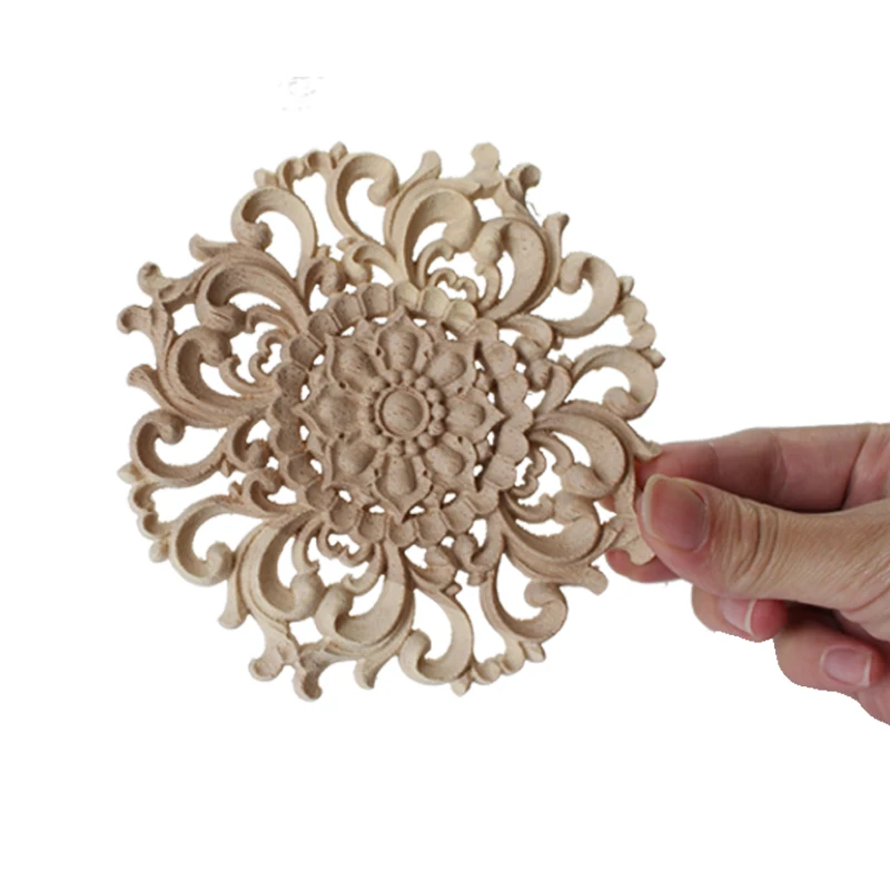 Nieuwe Ronde Hout Applique Ronde Bloem Prachtige Carving Natuurlijke Hout Applicaties Hoek Applicaties Frame Muur Meubels Decoratie