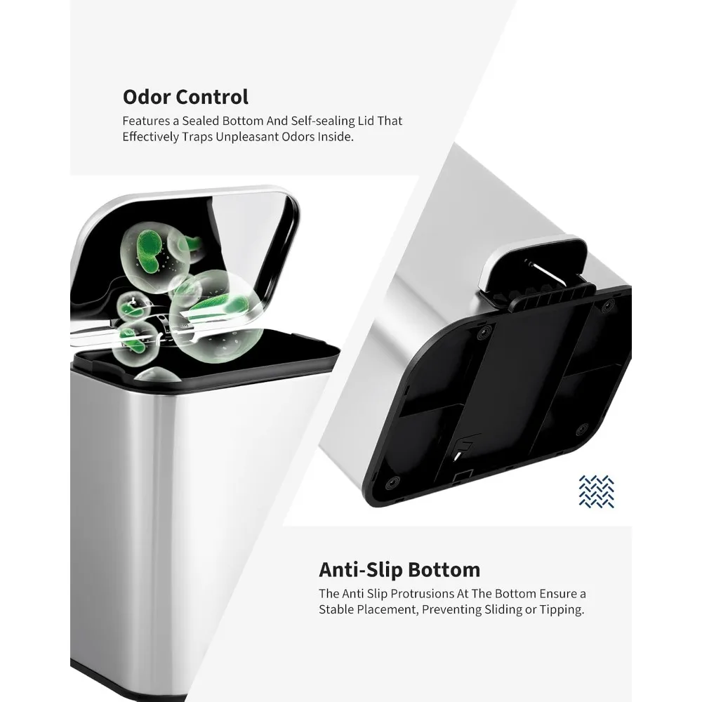 5L Stainless Steel Step Trash Can With Lid And Inner Bucket Silent Close Narrow Bin for Home Kitchen Bathroom Bedroom Kitchen
