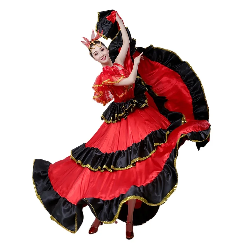 Jupe de flamenco pour adultes, costume de danse espagnole, grande balançoire d'ouverture, jupe gitane rouge, performance sur scène