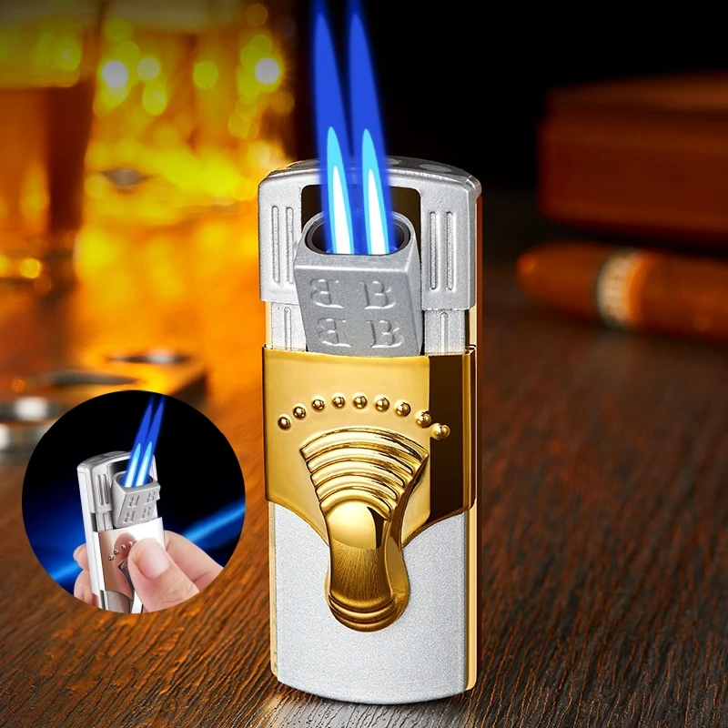 New Special Hidden Igniton Mouth Metal Windproof 2 Jet Torch Lighter for Men\'s Cigar Lighter Electroplated Body Cigarette Gadget