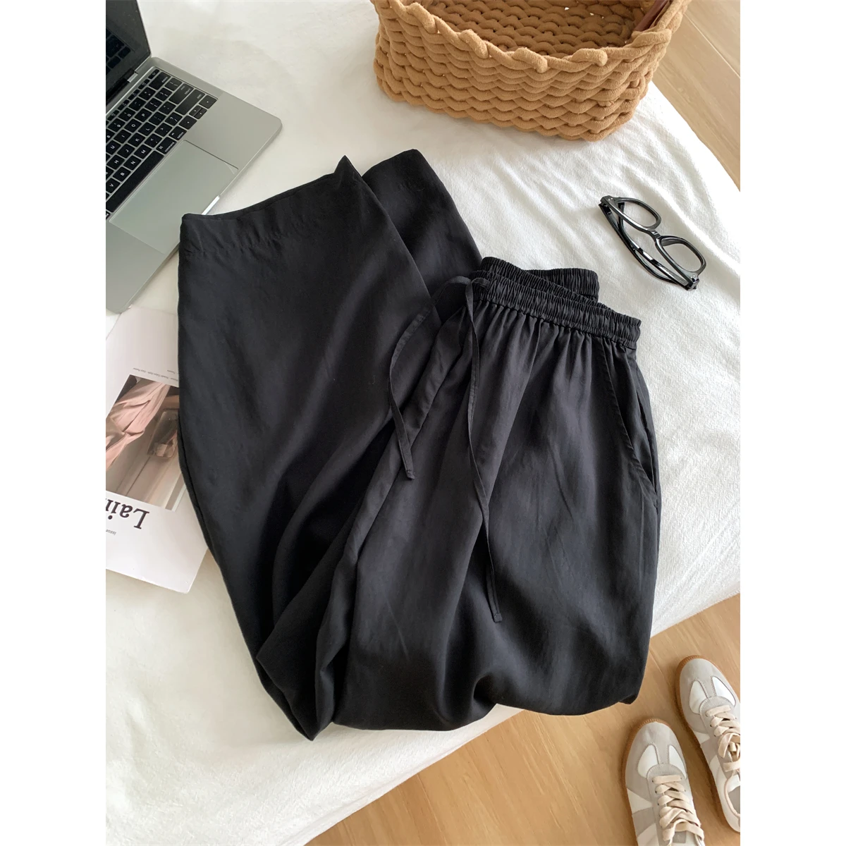 

Summer Black Lyocell Curved Knife Pants Pear Shaped Slightly Chubby Slimming Loose Women Thin Straight Wide Leg Pants