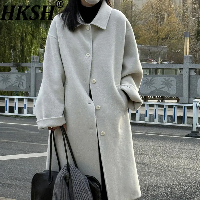 

HKSH Autumn Winter New Women Long Overcoat Turn-down Collar Single Breasted Pockets Elegant Ins Double Sided Wool Jacket HK16401
