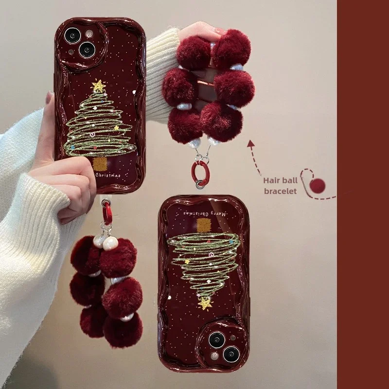 

Christmas Tree Plush Bracelet Phone Case Silicone Anti Drop Phone Case Holiday Suitable Apple Phone Case Red Christmas Tree