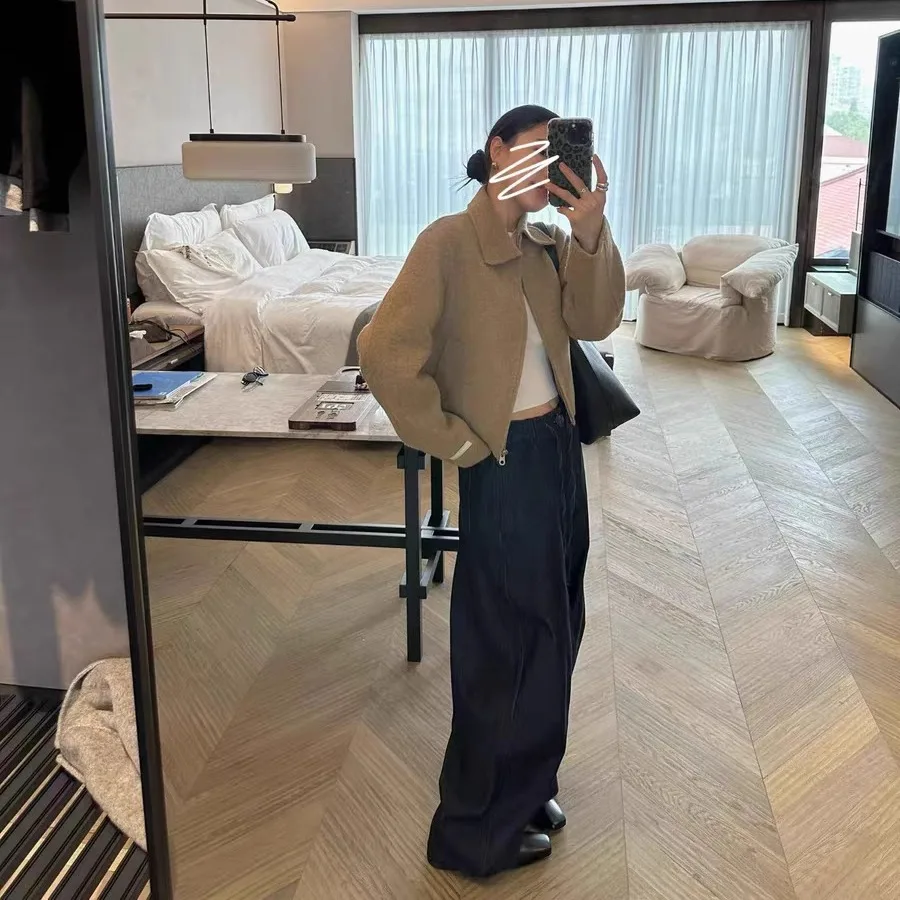 

mat Flip-Collar Zipper Light Brown 00 Wool ort Double-Sided Coat Women's Faion Korean Sle Online Exclusive S