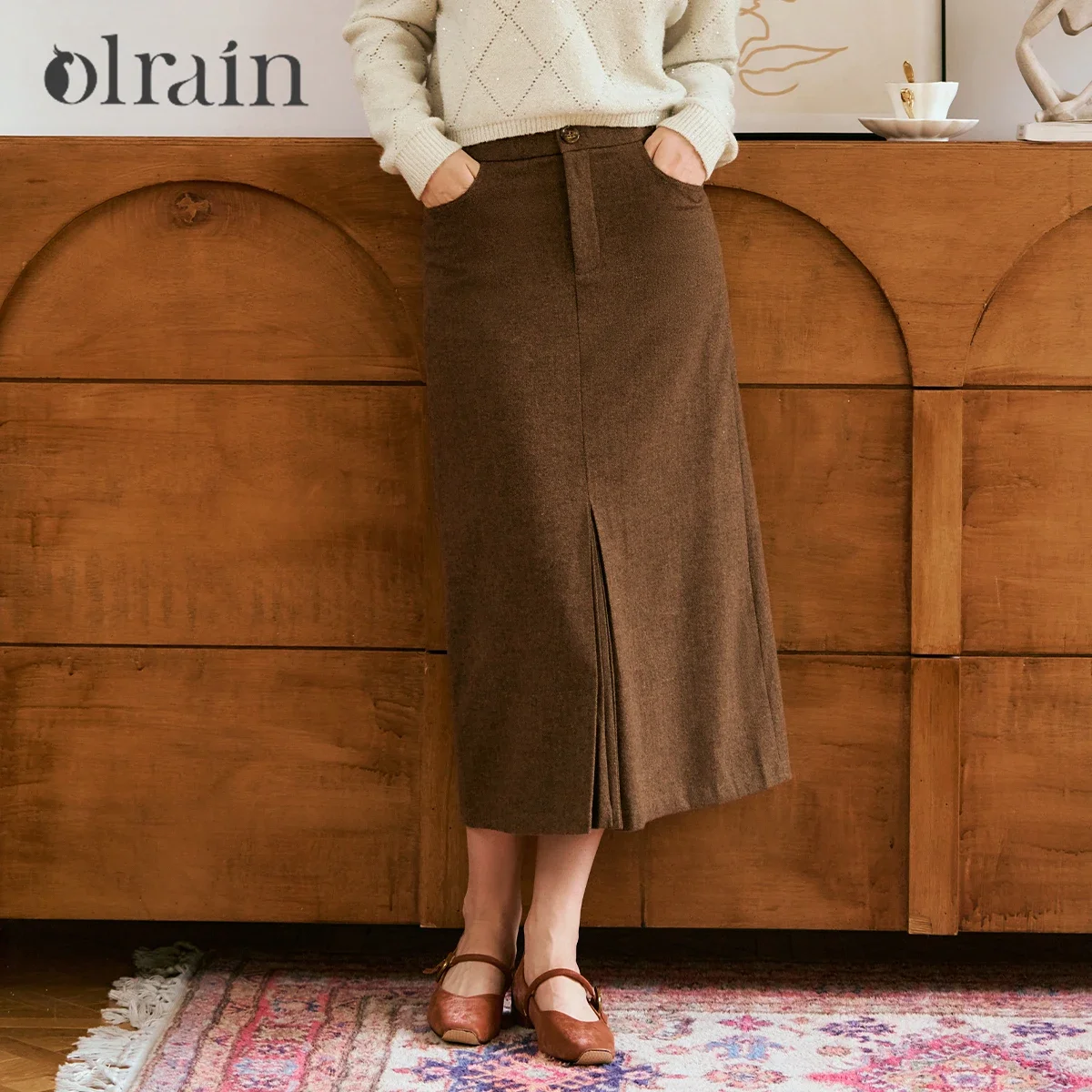 

OLrain French Style Coffee Skirt Women 2025 Autumn Retro A-line Pleated Front Slit High-waist Office Lady Midi Skirts M56QB93831