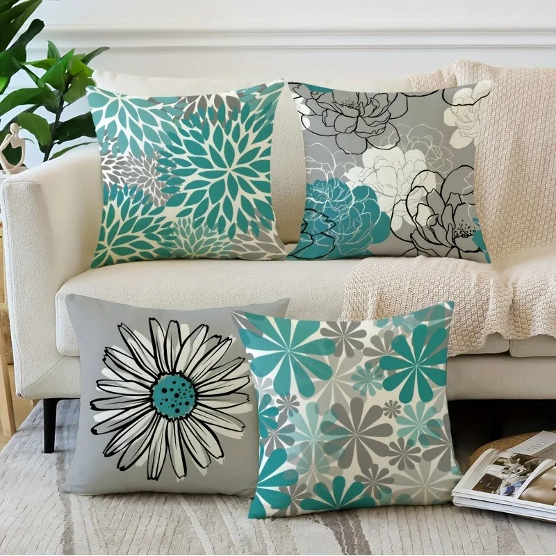 Blue gray line floral pattern printing pillowcase fashion simple home furnishing room decoration living room sofa cushion cover